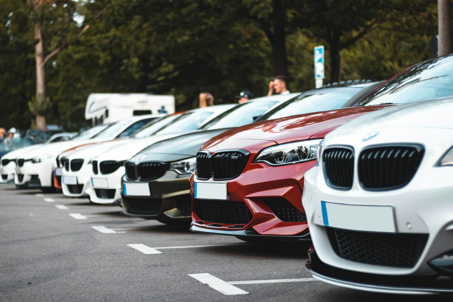 A line of used cars on a forecourt, the moment a buyer is choosing between options